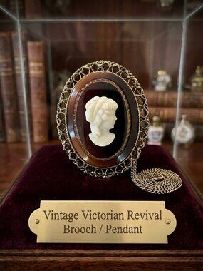 Vintage Victorian Revival Cameo Brooch Pendant, Slag Glass & Porcelain, 2" x 1.5